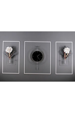 5'li Gümüş Siyah Kristal Elegante Set - Büyük Boy (50X75CM) - Modern Duvar Saati