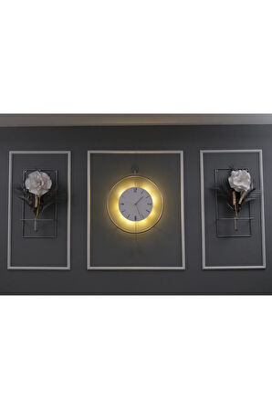 Büyük Boy 5'li ( Gümüş-beyaz) Elegante Set Timelles Çiçeklikli - Modern Duvar Saati