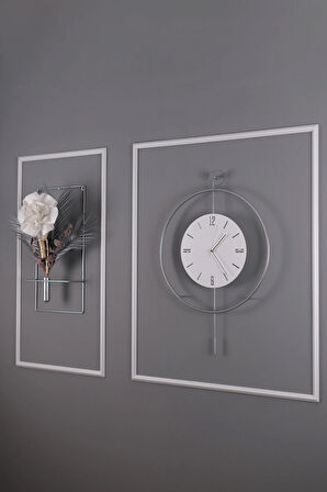 Büyük Boy 5'li ( Gümüş-beyaz) Elegante Set Timelles Çiçeklikli - Modern Duvar Saati