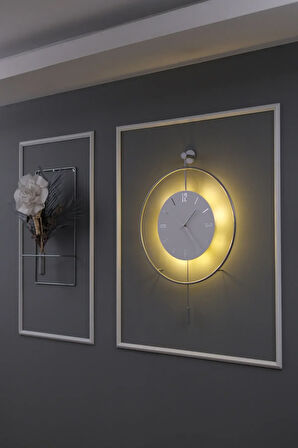 Büyük Boy 5'li ( Gümüş-beyaz) Elegante Set Timelles Çiçeklikli - Modern Duvar Saati