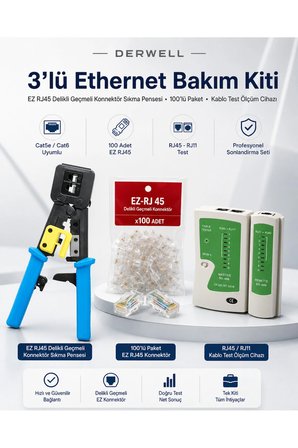 3lü Ethernet Bakım Kiti EZ RJ45 Delikli Geçmeli Konnektör Sıkma Pensesi 100lü Paket Kablo Test Ölçüm Cihazı Cat6 Cat5e UTP İnternet Ağ Kablosu Çakma Pensesi Profesyonel Sonlandırma Seti