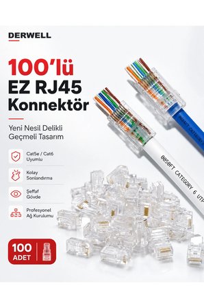 3lü Ethernet Bakım Kiti EZ RJ45 Delikli Geçmeli Konnektör Sıkma Pensesi 100lü Paket Kablo Test Ölçüm Cihazı Cat6 Cat5e UTP İnternet Ağ Kablosu Çakma Pensesi Profesyonel Sonlandırma Seti
