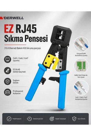 3lü Ethernet Bakım Kiti EZ RJ45 Delikli Geçmeli Konnektör Sıkma Pensesi 100lü Paket Kablo Test Ölçüm Cihazı Cat6 Cat5e UTP İnternet Ağ Kablosu Çakma Pensesi Profesyonel Sonlandırma Seti