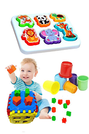 Sevimli Hayvanlar Bultak + Silindir Kule + Bul Tak Puzzle Eğitici Zeka Geliştirici Set