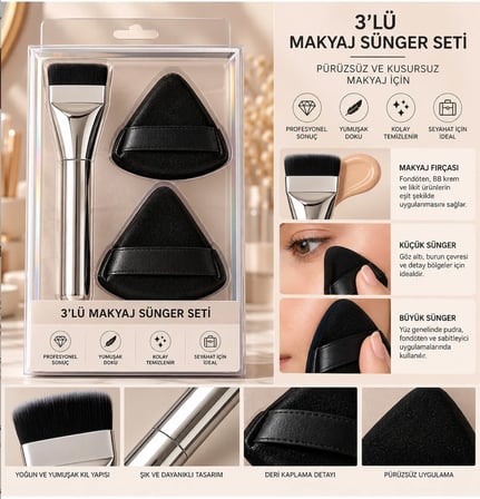 Makyaj Sünger ve Fondöten Fırça Seti 2 Deri Kaplamalı Üçgen Sünger + 1 Makyaj Fırçası Siyah