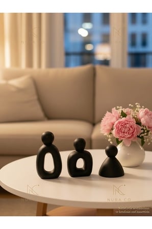3'lü Aile Biblosu Mat Siyah Oval Figür Seti Soyut Heykel Modern Minimalist Dekoratif Ev Hediyes