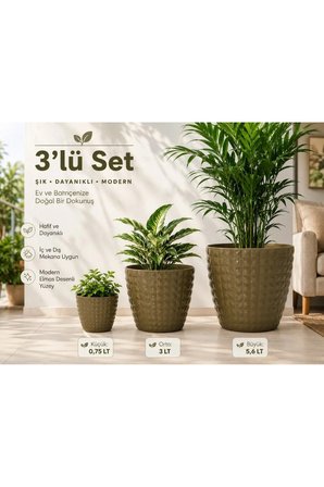 3lü Porselen Görünümlü Piramit - Plastik Saksı