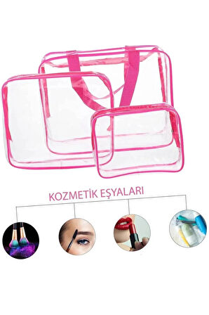 Kadın 3 Adet Pembe Renk Şeffaf Seyahat Makyaj Çantası Şeffaf Makyaj Çantası