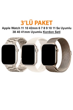 Apple Watch 12-11-10 42mm 6 7 8 9 10 Se Uyumlu 38-40-41mm Uyumlu 3' Lü Silikon + Metal Kordon Set