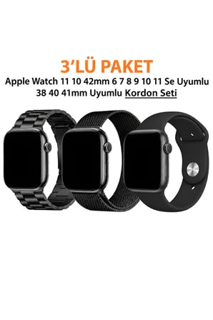 Apple Watch 12-11-10 42mm 6 7 8 9 10 Se Uyumlu 38-40-41mm Uyumlu 3' Lü Silikon + Metal Kordon Set