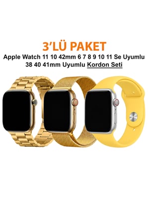 Apple Watch 12-11-10 42mm 6 7 8 9 10 Se Uyumlu 38-40-41mm Uyumlu 3' Lü Silikon + Metal Kordon Set