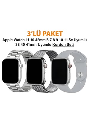 Apple Watch 12-11-10 42mm 6 7 8 9 10 Se Uyumlu 38-40-41mm Uyumlu 3' Lü Silikon + Metal Kordon Set