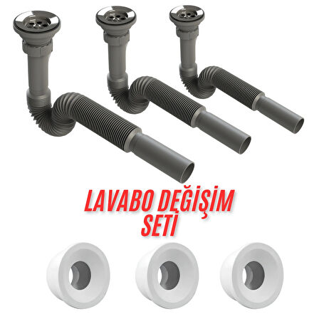 3 Adet Gri Lavabo Sifonu ve Conta Seti – Komple Ev Lavabo Değişim Seti Yüksek Kalite