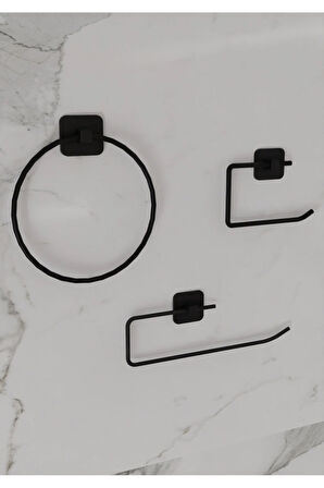 Siyah Yapışkanlı Kare  Rulo Havluluk Halka Havluluk ve Tuvalet Kağıtlık 3'lü Set