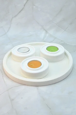 Taş Tozu 3’lü Tealight Mumluk Seti – Dekoratif Yuvarlak Tabaklı Mumluk Mermer Taş Tozu