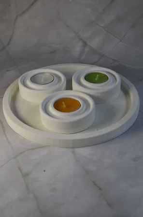 Taş Tozu 3’lü Tealight Mumluk Seti – Dekoratif Yuvarlak Tabaklı Mumluk Mermer Taş Tozu