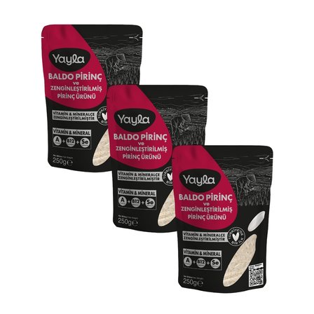 Yayla Baldo Pirinç ve Zenginleştirilmiş Pirinç Ürünü (A+B12+Se) 250 g x3