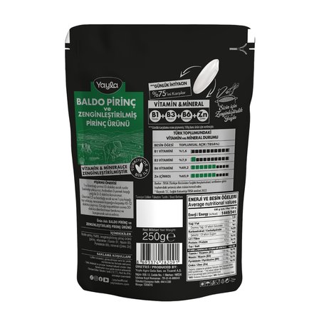 Yayla Baldo Pirinç ve Zenginleştirilmiş Pirinç Ürünü (B1+B3+B6+Zn) 250 g x3