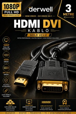 3 Metre HDMI DVI Kablo 24+1 Erkek Altın Uçlu 1080P Full HD Monitör Projeksiyon TV Bilgisayar Uyumlu Dayanıklı Örgü Kılıf Çift Yönlü Görüntü Aktarım Dönüştürücü Bağlantı Aparatı Aparat