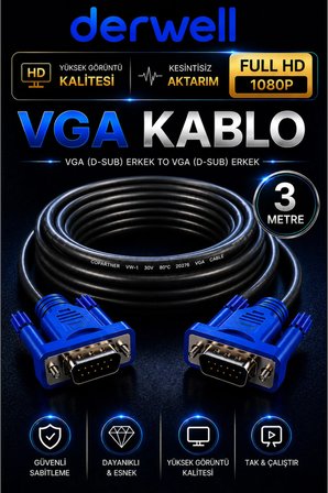 3 Metre VGA Kablo Full HD 1080P Kesintisiz Aktarım D-Sub Erkek To Erkek Altın Uçlu Dayanıklı Monitör Projeksiyon Bilgisayar Ekran Görüntü Aktarıcı Kablosu Çift Vidalı Güvenli Sabitleme