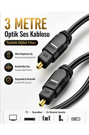 3 METRE Optik Ses Kablosu Toslink Dijital Fiber Ev Sinema Soundbar Uyumlu Siyah Altın Kaplama Uçlu Kristal Netliğinde Parazitsiz Sinyal İletimi Çevresel Surround Akustik Ses Sistemi Bağlantı Kablosu