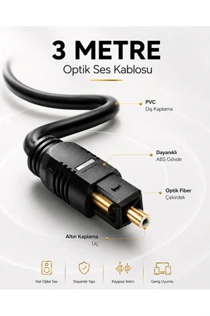 3 METRE Optik Ses Kablosu Toslink Dijital Fiber Ev Sinema Soundbar Uyumlu Siyah Altın Kaplama Uçlu Kristal Netliğinde Parazitsiz Sinyal İletimi Çevresel Surround Akustik Ses Sistemi Bağlantı Kablosu