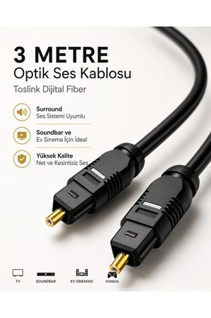 3 METRE Optik Ses Kablosu Toslink Dijital Fiber Ev Sinema Soundbar Uyumlu Siyah Altın Kaplama Uçlu Kristal Netliğinde Parazitsiz Sinyal İletimi Çevresel Surround Akustik Ses Sistemi Bağlantı Kablosu
