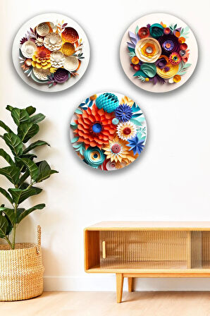 3 Parça Kabartmalı Modern Çiçek Mdf Tablo Seti,  Oturma Odası, Salon, Ofis, Ev Duvar Tablosu Dekoru