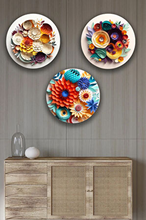 3 Parça Kabartmalı Modern Çiçek Mdf Tablo Seti,  Oturma Odası, Salon, Ofis, Ev Duvar Tablosu Dekoru
