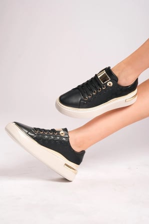 Altın Detaylı siyah Kadın Sneaker - Kalın Tabanlı ve Modern Tasarım Trend Spor Ayakkabı Siyah / 36