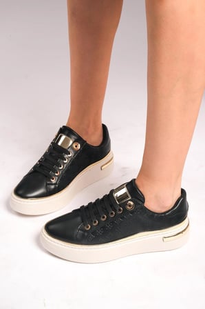 Altın Detaylı siyah Kadın Sneaker - Kalın Tabanlı ve Modern Tasarım Trend Spor Ayakkabı Siyah / 36