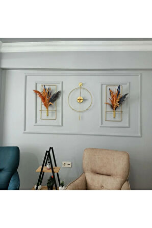 Timelles-Gold 3'lü Tiktok 37x55cm Elegante Set ( Ceviz 18 Akrep Yelkovan )- Çiçeklik 60 Yükseklik