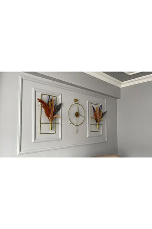 Timelles-Gold 3'lü Tiktok 37x55cm Elegante Set ( Ceviz 18 Akrep Yelkovan )- Çiçeklik 60 Yükseklik