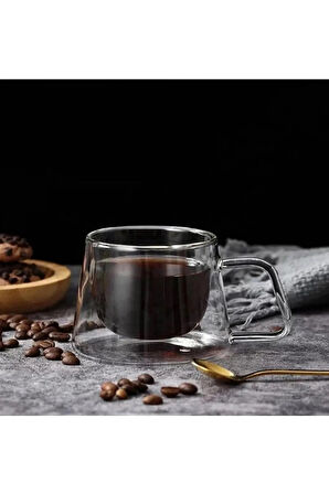 Çift Camlı Çift Cidarlı Cam Kupa 250 ml Ev Ofis Fincanı Çift Katlı Isı Yalıtımlı Kulplu Cam Bardak
