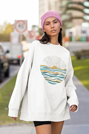Güneş Manzara Baskılı Unisex Oversize Sweatshirt