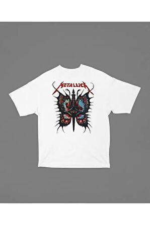 Metallica Kelebek Baskılı Unisex Tasarım Tişört, Oversize Rock Metal Müzik Grubu Tişört