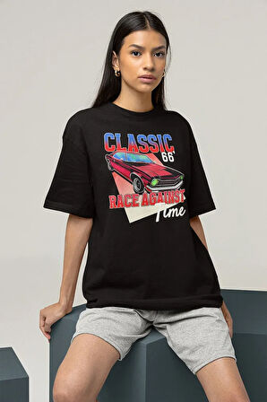 Classiic 66 Racce Agaiinst Time Baskılı Uniseex Tişört, Oversize Araba Tişört
