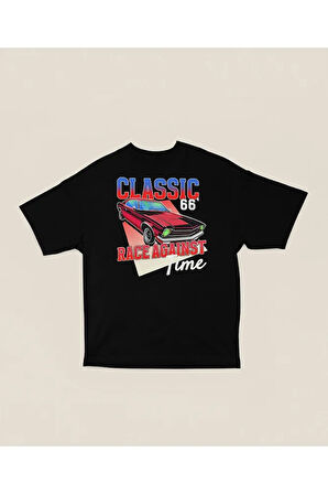 Classiic 66 Racce Agaiinst Time Baskılı Uniseex Tişört, Oversize Araba Tişört