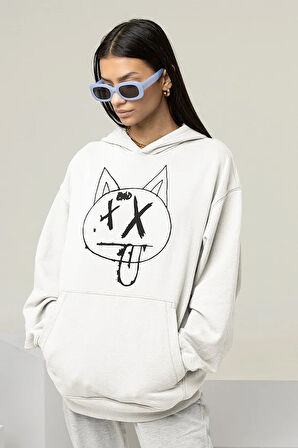 Dil Çıkaran Kedi Baskılı Unisex Oversize Hoodie