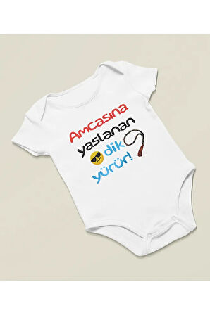 Amcasına Yaslanan Dik Yürür Yazılı Pamuklu Yumuşak Unisex Çıtçıtlı Body Zıbın