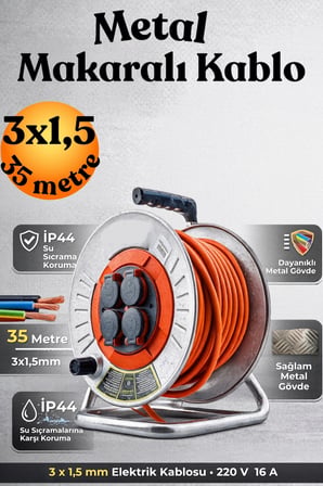 Makaralı Seyyar Uzatma Kablosu 35 Metre Kapaklı 4 Prizli Metal Makaralı 3x1.5 mm 35 mt 4'lü Priz Uzatma Kablosu 3x1.5 mm Metre