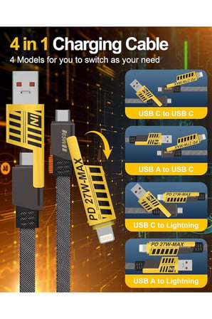 4 In 1 Type-c Usb Lightning 27w Ve 65w Pd Hızlı Şarj Kablosu Metal Uçlu Kırılmaz Hasır Örgü