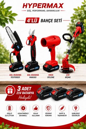 4’lü Bahçe Bakım Seti Çim Biçme Makinesi Hava Üfleme Makinesi Dal Budama Makası ve Budama Testeresi
