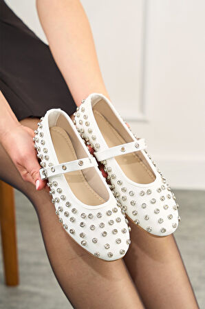 Günlük Kadın Siyah Babet Gümüş Taşlı Bantlı Tokalı Alçak Topuklu Yumuşak Rahat Ayakkabı 400