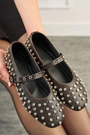 Günlük Kadın Siyah Babet Gümüş Taşlı Bantlı Tokalı Alçak Topuklu Yumuşak Rahat Ayakkabı 400