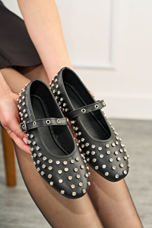 Günlük Kadın Siyah Babet Gümüş Taşlı Bantlı Tokalı Alçak Topuklu Yumuşak Rahat Ayakkabı 400