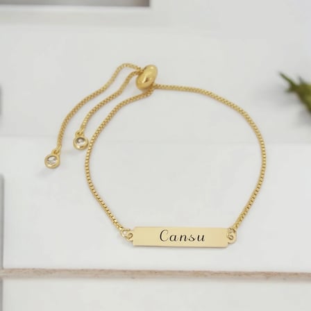 14 Ayar Altın Plakalı Cansu İsmine Özel Dikdörtgen Motifli Zincirli Hediye Bileklik-400