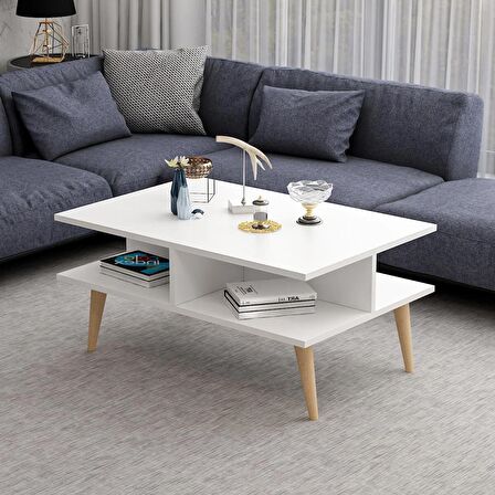 Dekorosso Poloo Ahşap Ayaklı Modern Dekoratif Orta Sehpa 90cm Beyaz