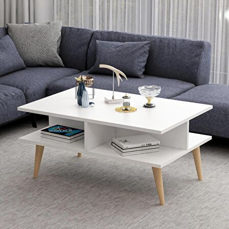 Dekorosso Poloo Ahşap Ayaklı Modern Dekoratif Orta Sehpa 90cm Beyaz