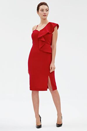 Kadın KırmızıTek Omuzu Askılı Tek Omuzu Volanlı Elbise 1557